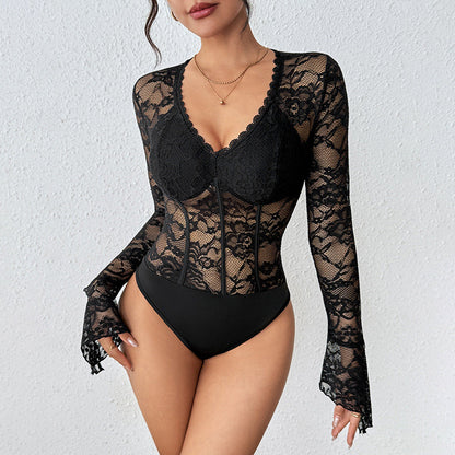 Damen Langarmbody Spitze V-Ausschnitt Rüschendetails Schwarz Eveloria - Eveloria