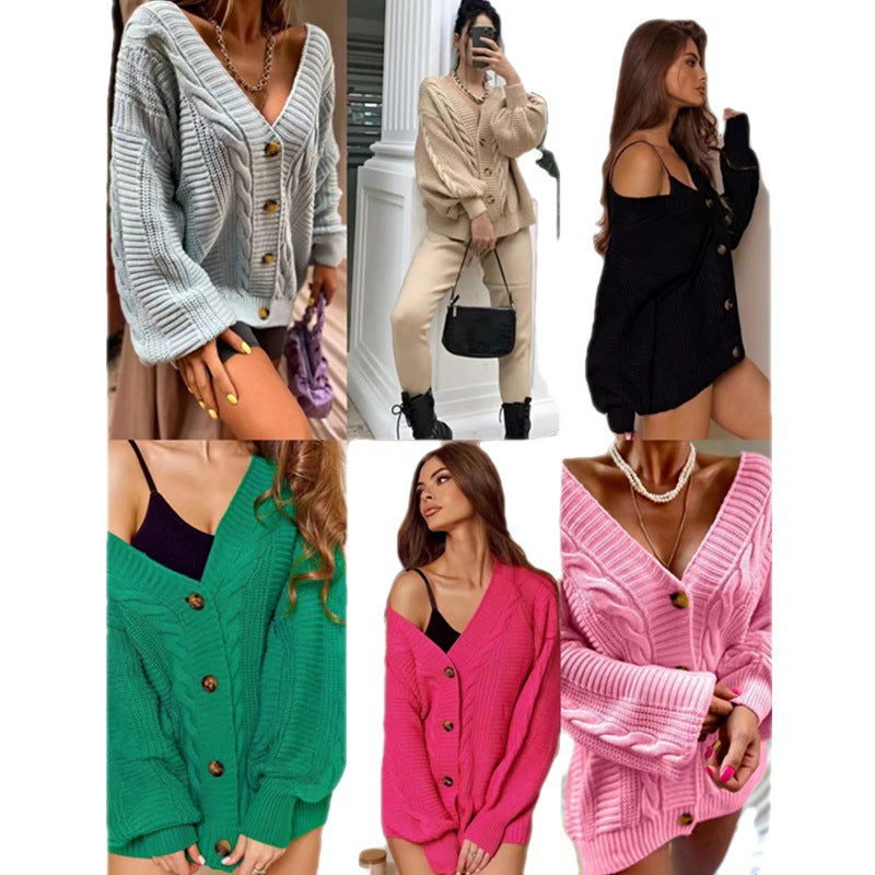 Damen Grobstrick Cardigan Voluminöse Ärmel Große Knöpfe Eveloria - Eveloria