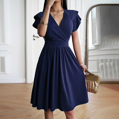 Eveloria Damen Einfarbiges V-Ausschnitt Kurzarmkleid