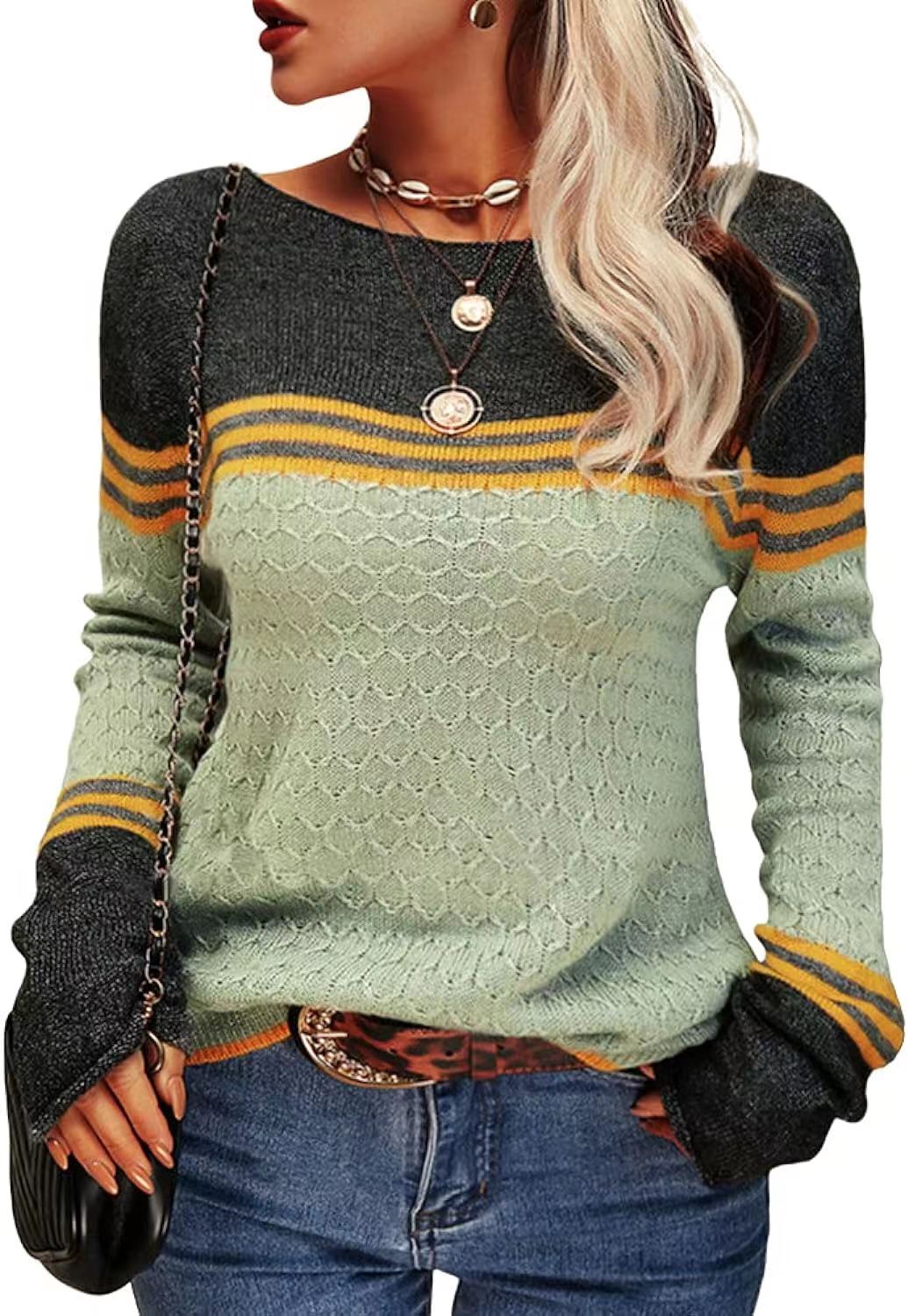 Damen Strickpullover Kontrastfarben Einzigartige Textur Grau