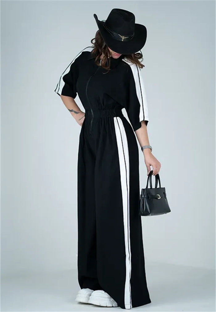 Damen Jumpsuit Lang Taillenbund Kontraststreifen