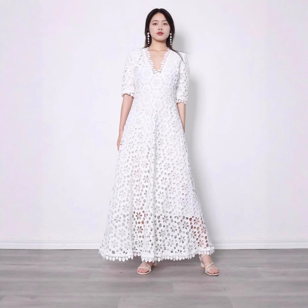 Damen Maxikleid mit Floralmuster Cut-Outs Spitzenkragen