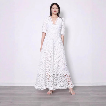 Damen Maxikleid mit Floralmuster Cut-Outs Spitzenkragen