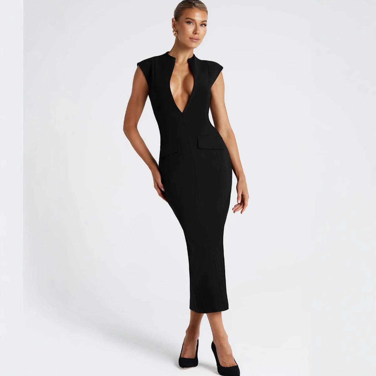 Damen Kleid V-Ausschnitt Figurbetont mit Taschen Eveloria