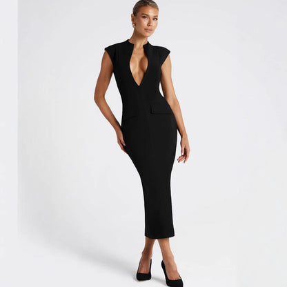 Damen Kleid V-Ausschnitt Figurbetont mit Taschen Eveloria
