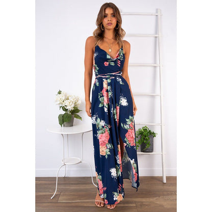 Damen Maxikleid Blumenmuster V-Ausschnitt Eveloria