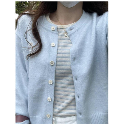 Damen Strickjacke Rundhalsausschnitt Edelknöpfe Beige