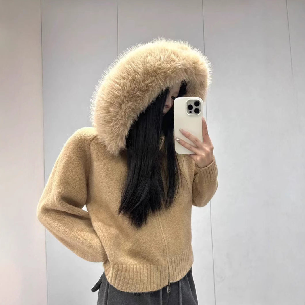 Damen Strickjacke Weich Kapuze Abnehmbar Beige Eveloria - Eveloria