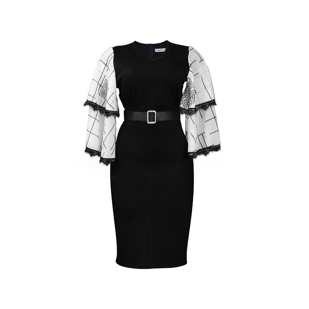 Damen Etuikleid Spitzenärmel Gürtel Elegant Eveloria