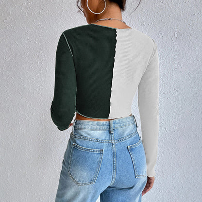 Damen Cropped Langarmshirt 2-Farben Rippdesign Weiss