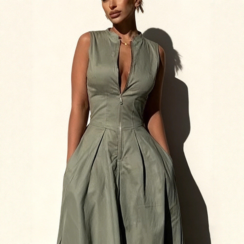 Damen Sommerkleid Hochwertiger Reißverschluss Schwingender Saum