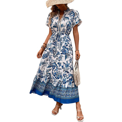 Damen Maxikleid Floralmuster Elastischer Gürtel Eveloria