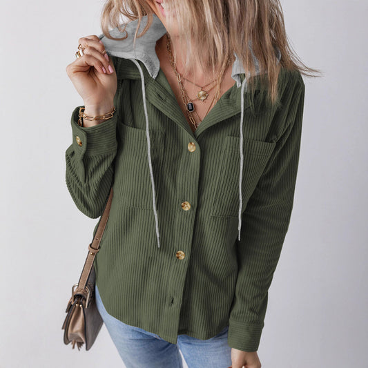 Damen Hemdjacke Gestreift Kapuze Taschen Eveloria - Eveloria