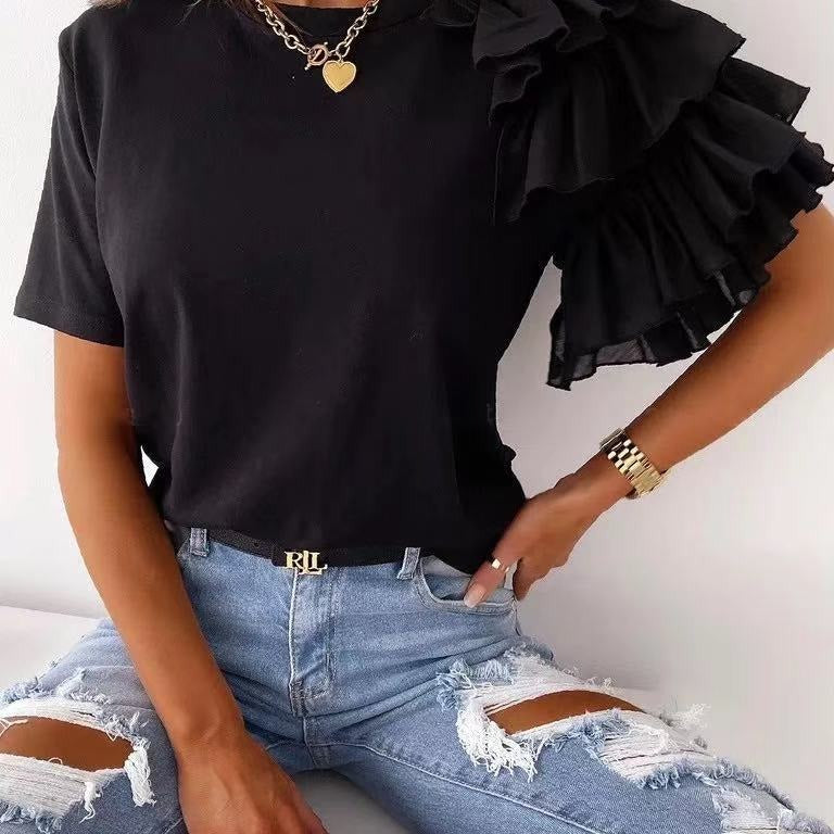 Damen T-Shirt Rüschendetails Trend Elegant Weiß