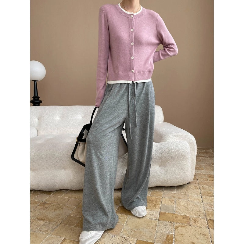 Damen Strickjacke Lässig Kontrastdetails Knöpfe Grau