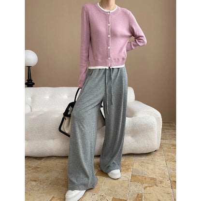 Damen Strickjacke Lässig Kontrastdetails Knöpfe Grau