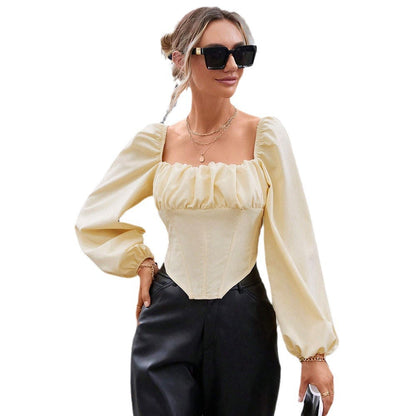 Damen Spitzenbluse Puffärmel Tailliert Weiß