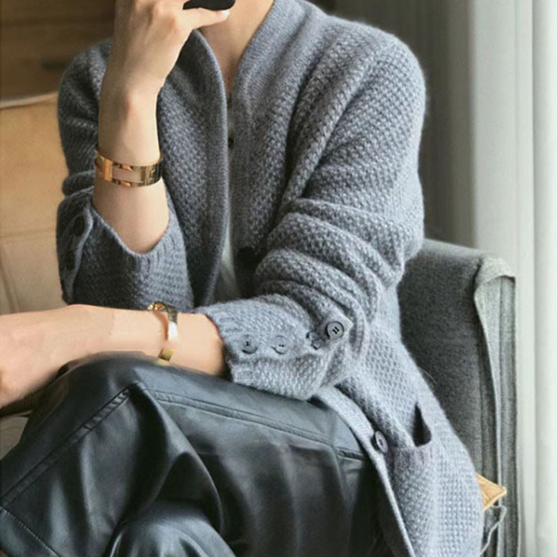 Damen Strickblazer mit Taschen und Knöpfen Anthrazit