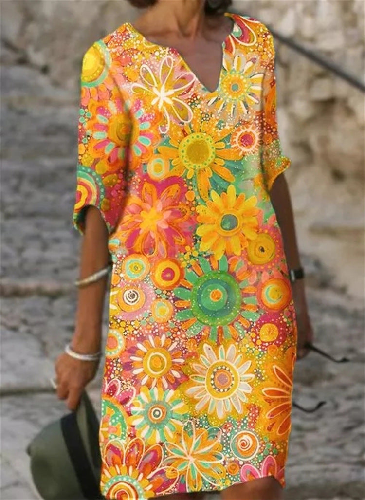 Damen Freizeitkleid Floralmuster V-Ausschnitt
