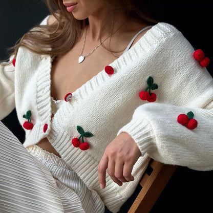 Damen Strickcardigan mit Kirschapplikationen