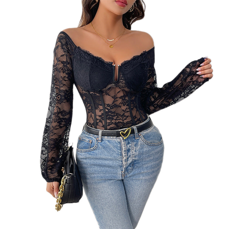 Damen Spitzenbody Langarm Off-Shoulder Elastisch