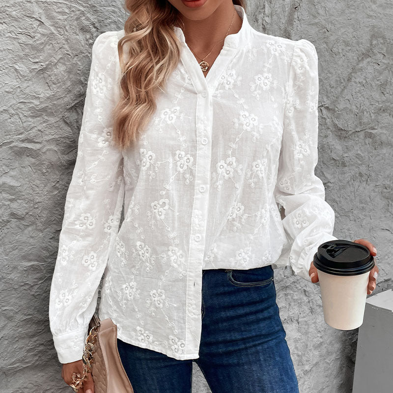 Damen Bluse Florales Stickdesign Puffärmel Elegant