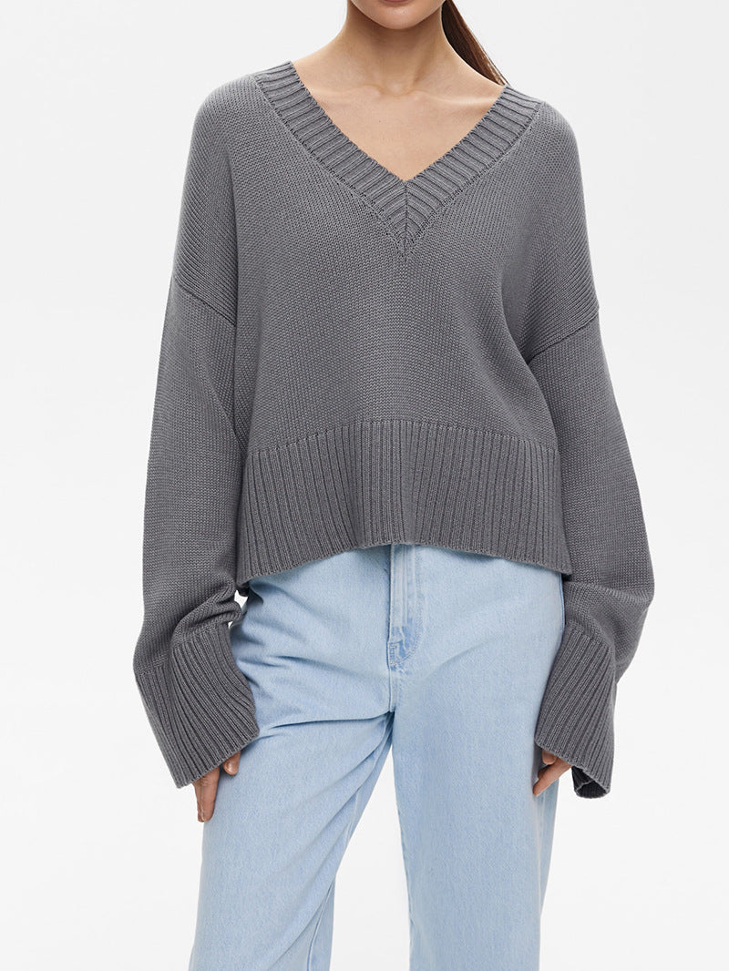 Damen Strickpullover V-Ausschnitt Breite Bündchen Eveloria