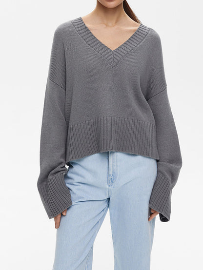 Damen Strickpullover V-Ausschnitt Breite Bündchen Eveloria