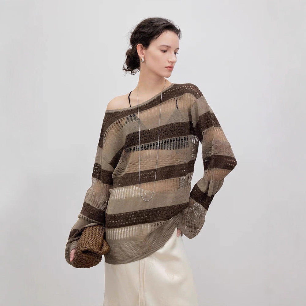 Damen Strickpulli Luftiger Trendy Lochmuster Beige - Eveloria