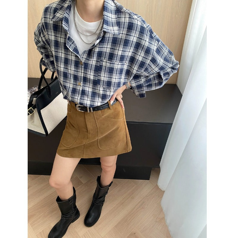 Damen Karobluse Lockerer Schnitt Knöpfe Blau