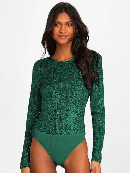 Damen Glitzerbodysuit Langer Ärmel Schimmerstoff Eveloria