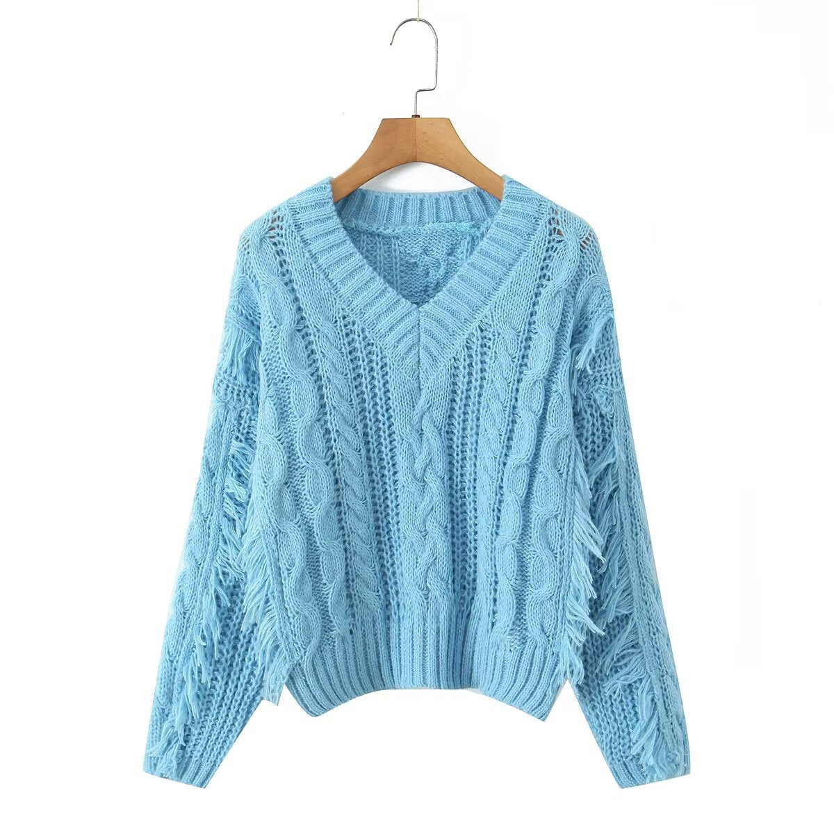 Damen Grobstrickpullover V-Ausschnitt Fransen