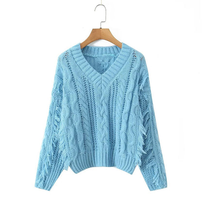 Damen Grobstrickpullover V-Ausschnitt Fransen