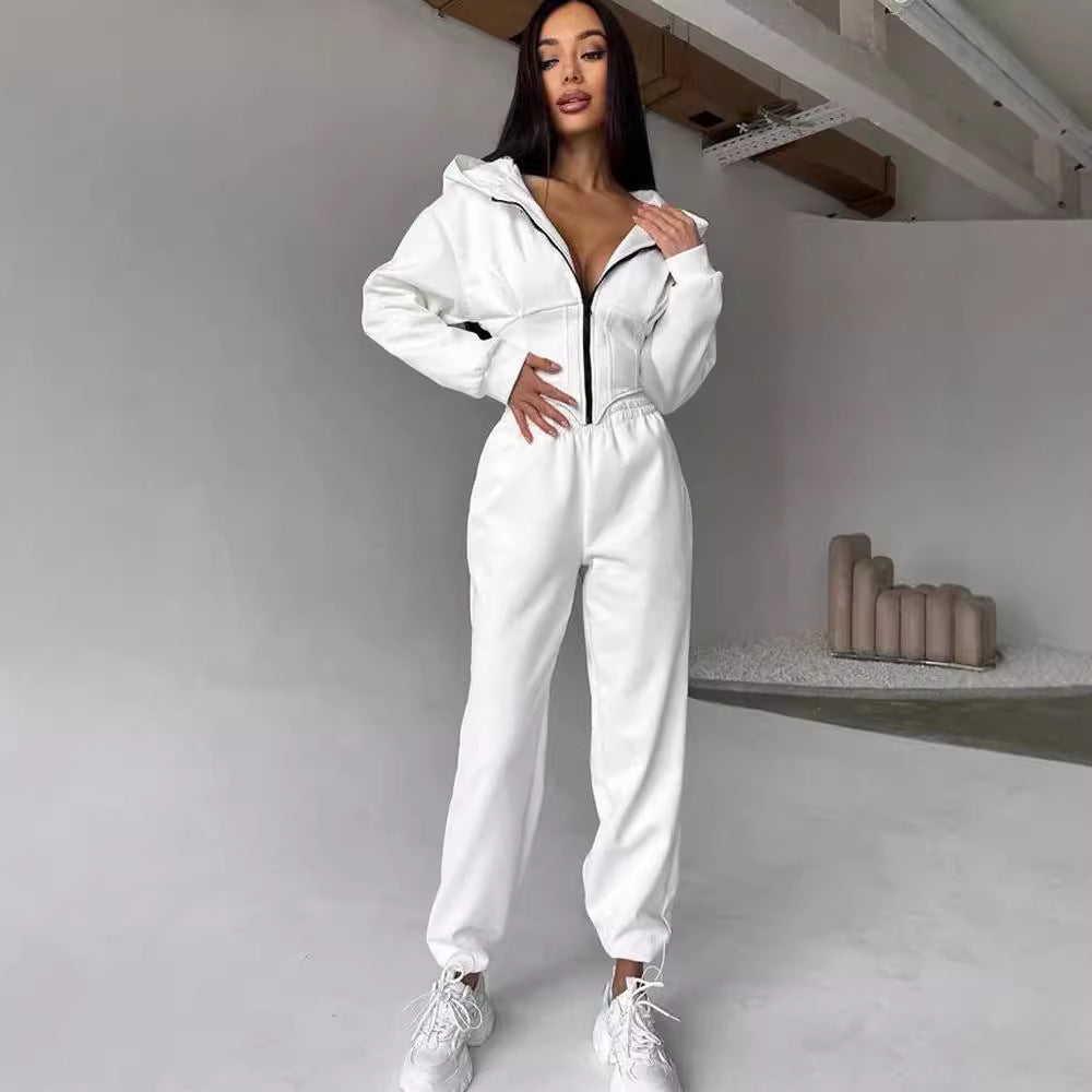 Damen Jumpsuit Tailliert Sportliche Kapuze Eveloria