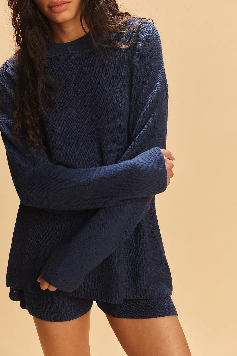 Damen Strick-Set Oversized Pullover Kurze Hose Grau Eveloria