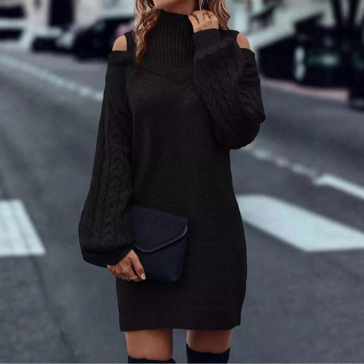 Damen Strickkleid Asymmetrisch Off-Shoulder Voluminöse Ärmel
