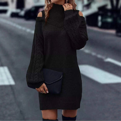 Damen Strickkleid Asymmetrisch Off-Shoulder Voluminöse Ärmel