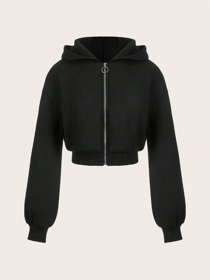 Damen Hoodie Cropped Mit Reißverschluss Voluminöse Ärmel