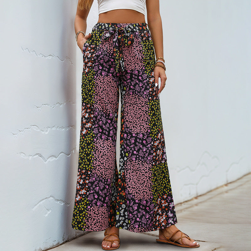 Damen Blumenhose Elastisch Weit mit Taschen