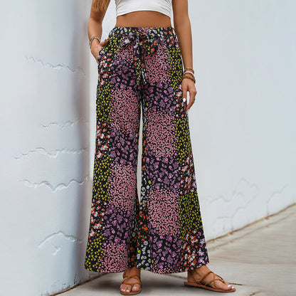 Damen Blumenhose Elastisch Weit mit Taschen