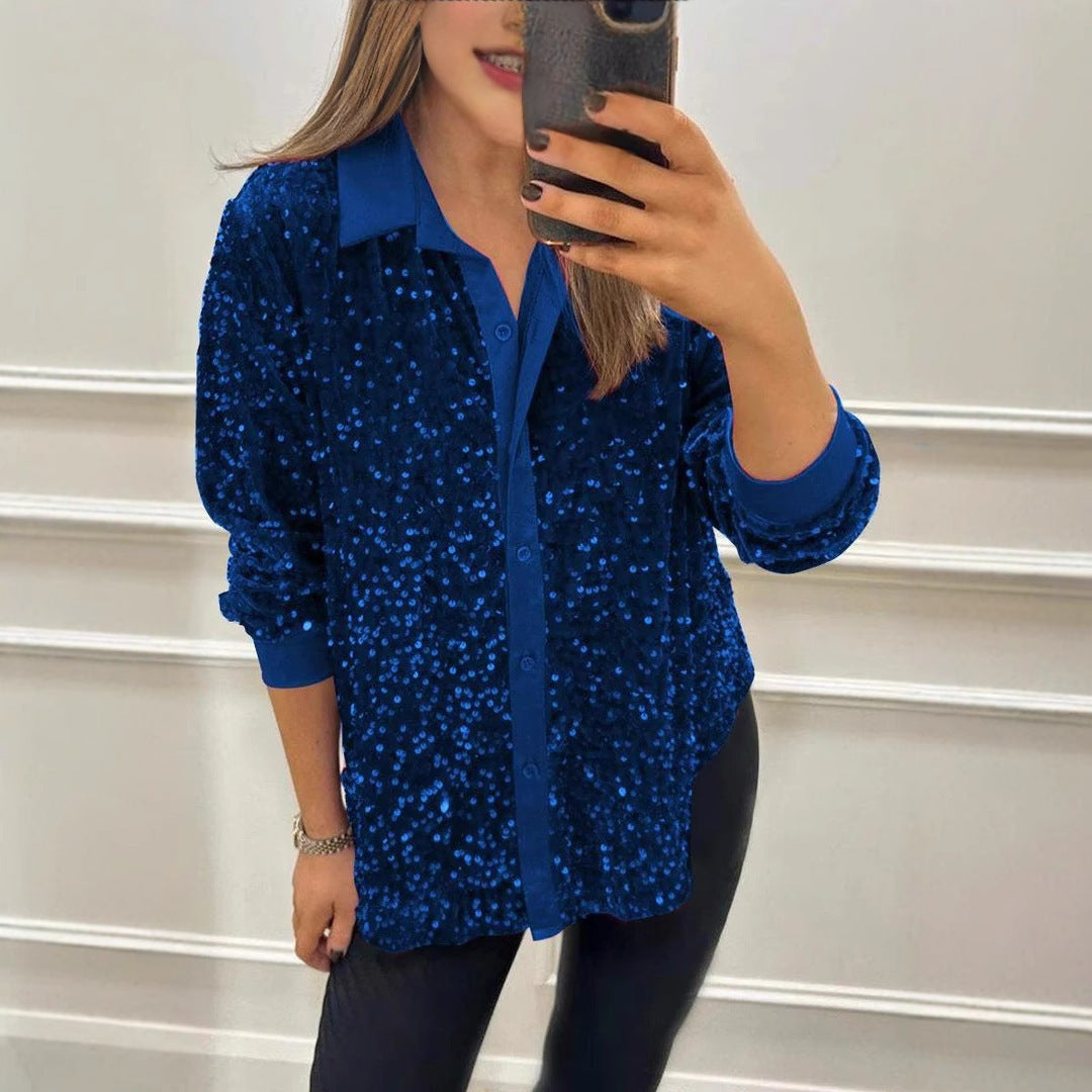 Damen Paillettenbluse Klassischer Kragen Glitzer Effekt