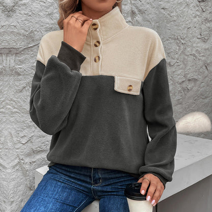 Damen Fleecepullover mit Knöpfen und Taschen Grau