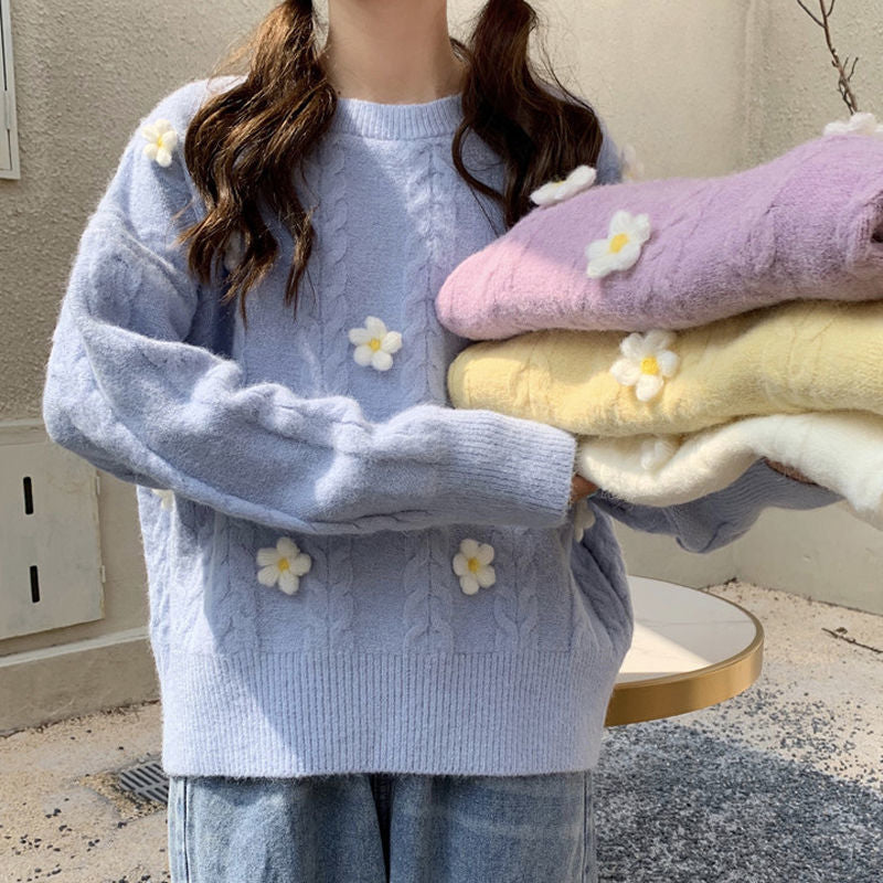 Damen Grobstrickpullover Blumenapplikationen Eveloria