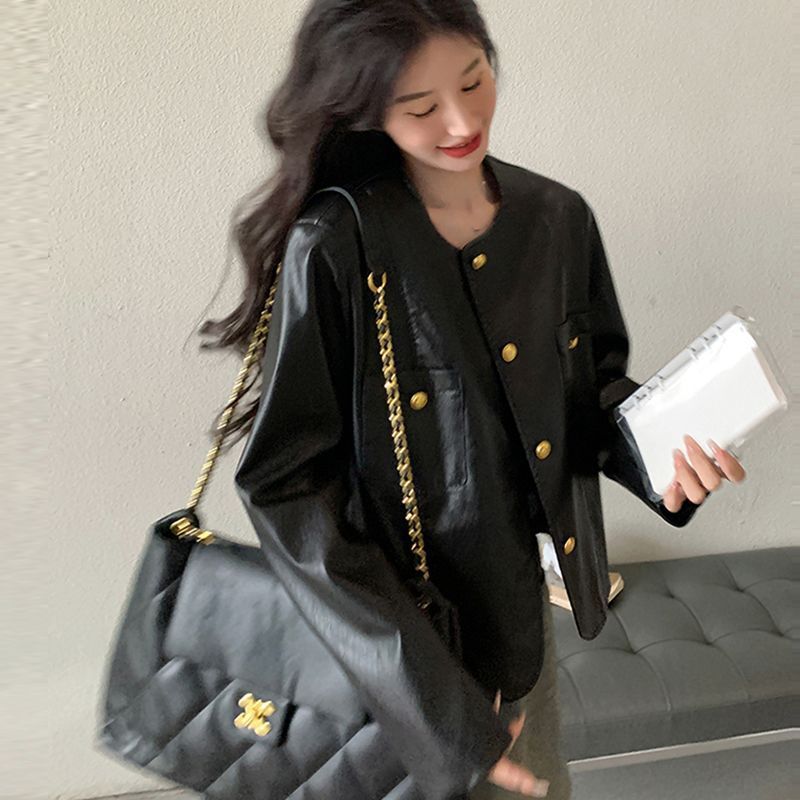 Damen Kunstlederjacke Goldene Knöpfe Eveloria