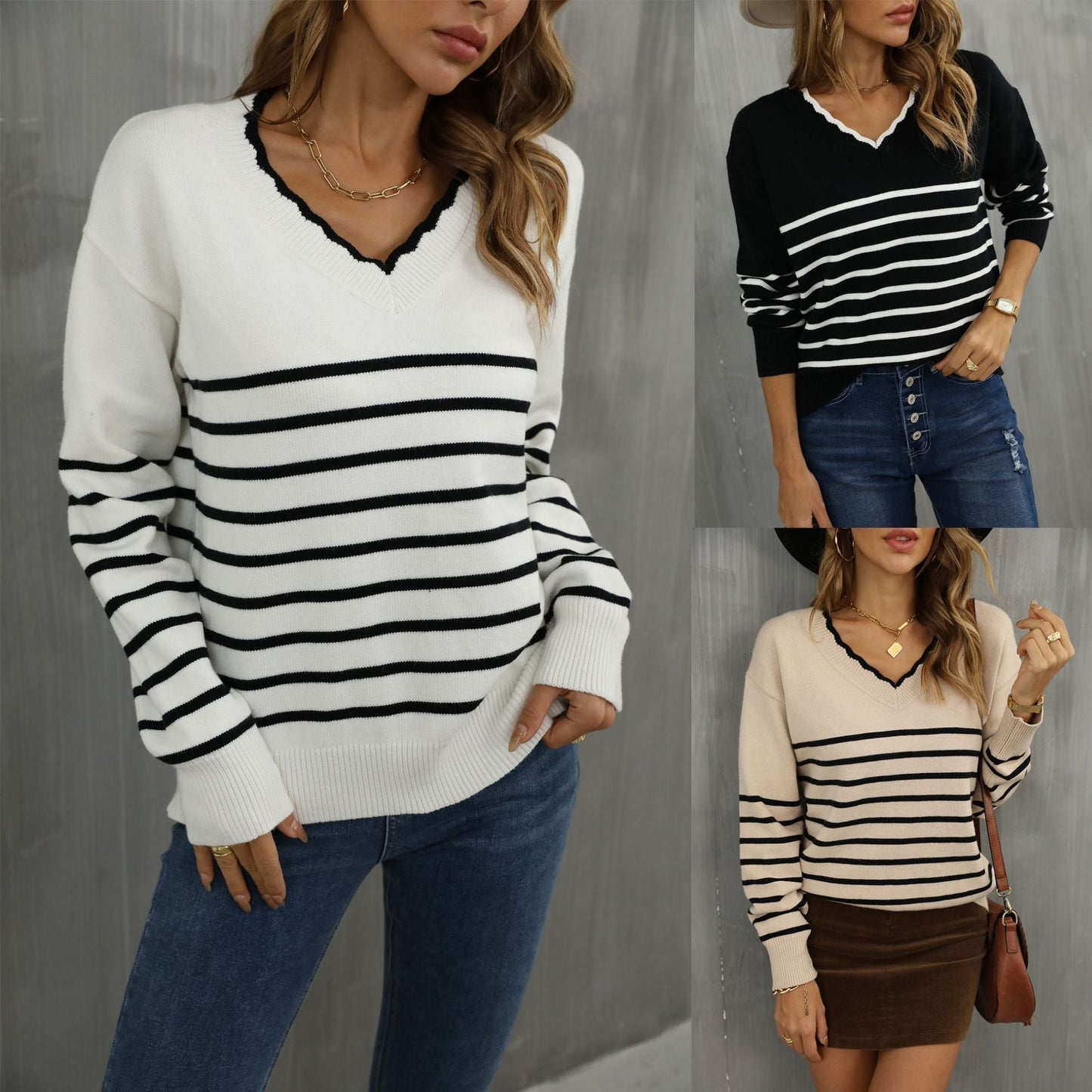Damen V-Pullover Streifenmuster Eveloria - Eveloria
