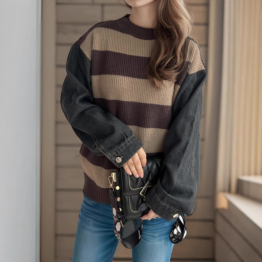 Damen Oversized Pullover Streifen Weiches Baumwoll-Mix Beige