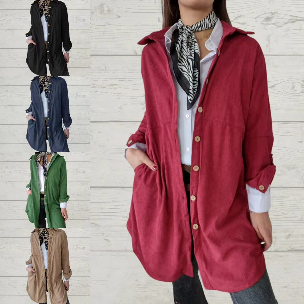 Damen Langarmhemdjacke Corddesign Strukturiert Braun - Eveloria
