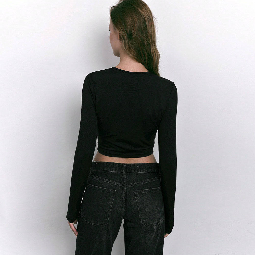 Damen Cropped Langarmshirt Modischer Cut-Out Ringdetails