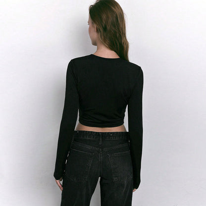 Damen Cropped Langarmshirt Modischer Cut-Out Ringdetails