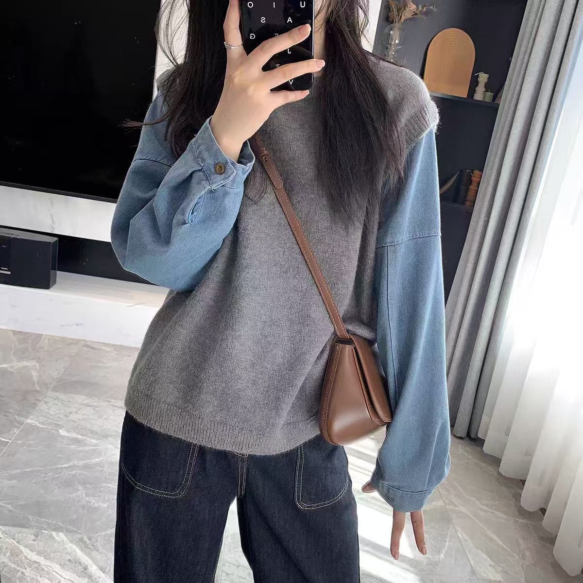 Damen Strickpullover Denim Ärmel Eveloria - Eveloria